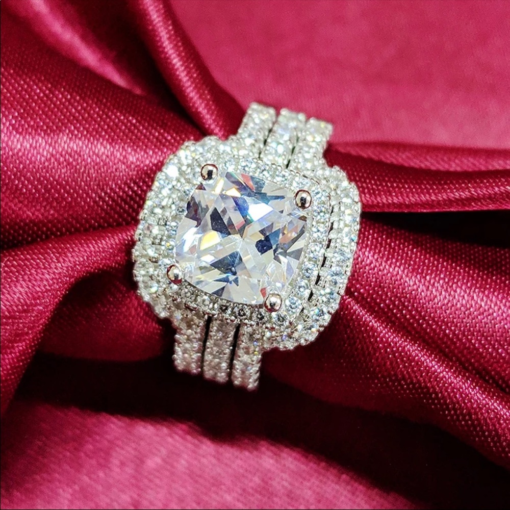 New Women’s 3 pc Set 925 Silver Diamond Engagement Bride Ring - Picture 4 of 6
